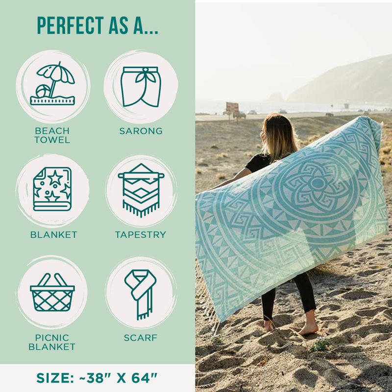 Sand Cloud Turkish Beach Towel - Sand Free - 100% Organic Turkish Cotton Yarn - Quick Dry Towel for Beach, Picnic Blanket or Throw - As Seen on Shark Tank - Mandala (Mint) - Image 3